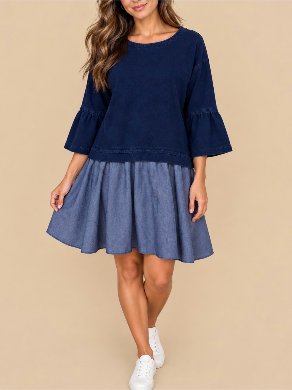 Violet Weekend Navy Blue Tiered Bell Sleeve Drop Waist Dress EUC